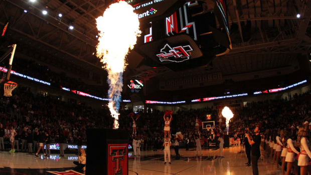 Feb 10, 2024; Lubbock, Texas, USA; A general view of team introductions before the game between the Central Florida Knights and the Texas Tech Red Raiders at United Supermarkets Arena. Mandatory Credit: Michael C. Johnson-USA TODAY Sports  